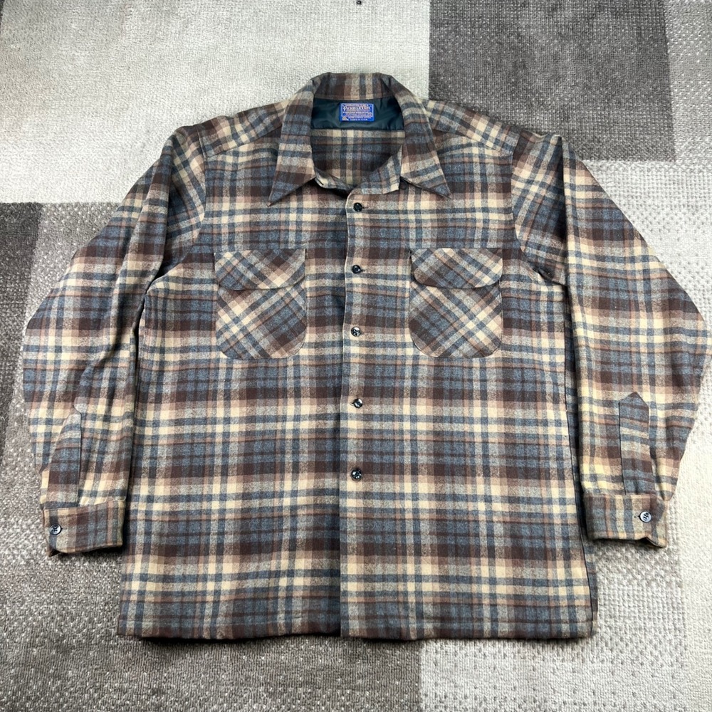 Vintage Pendleton Board Shirt Men XL Brown Plaid 100% Virgin Wool Made in USA
